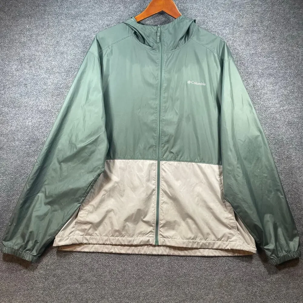 Columbia Windbreaker Jacket Men's XL Green/Beige Full Zip Hooded Light READ